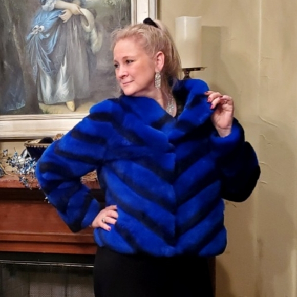 NWT Brilliant Sapphire Blue & Black Rex Chinchilla Fur Coat L/XL - Picture 16 of 17